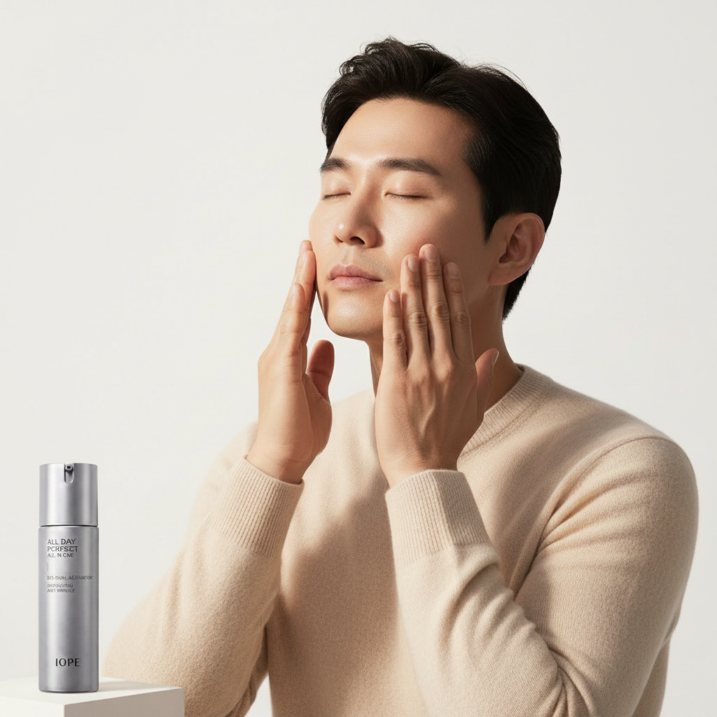 Korean man applying IOPE Men All Day Perfect All-in-One with fingertips, IOPE silver bottle in foreground, glowing skin
