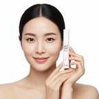 Korean woman holding CLIO Kill Lash Mascara Remover white tube, K-beauty editorial
