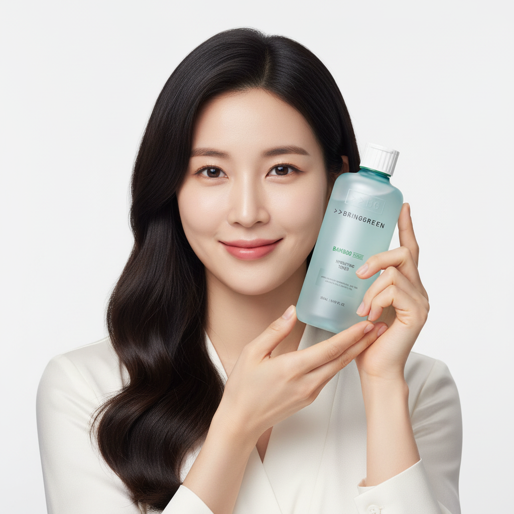 Korean woman holding BRINGGREEN Bamboo Hyalu Hydrating Toner aqua blue bottle, K-beauty editorial
