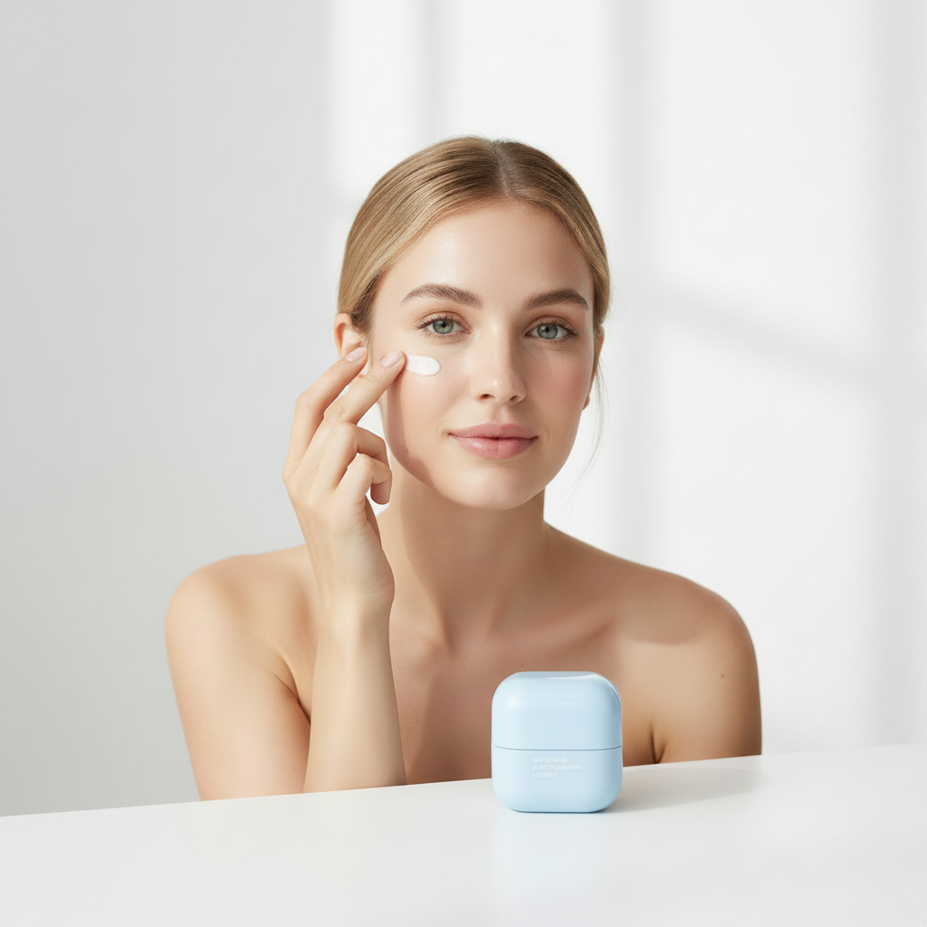 LANEIGE Water Bank Blue Hyaluronic Eye Cream 25ml – Western model applying hyaluronic eye cream under eye for deep hydration, de-puffing, and bright refreshed eyes
