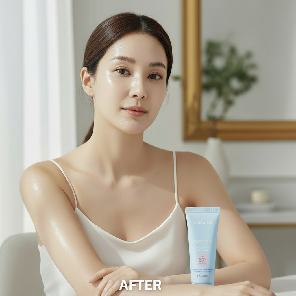 LANEIGE Water Bank Blue Tone-up Sunscreen 50ml – Korean model AFTER with clear dewy plump skin after LANEIGE Water Bank blue tone-up sunscreen application
