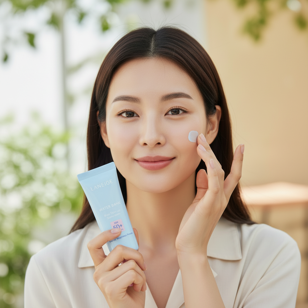 LANEIGE Water Bank Blue Tone-up Sunscreen 50ml – Korean model applying blue tone-up sunscreen outdoors for SPF50+ UV protection and radiant skin finish

