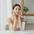 LANEIGE Water Bank Blue Tone-up Sunscreen 50ml – Korean model blending blue tone-up sunscreen on both cheeks for hydrating SPF protection and tone-up glow
