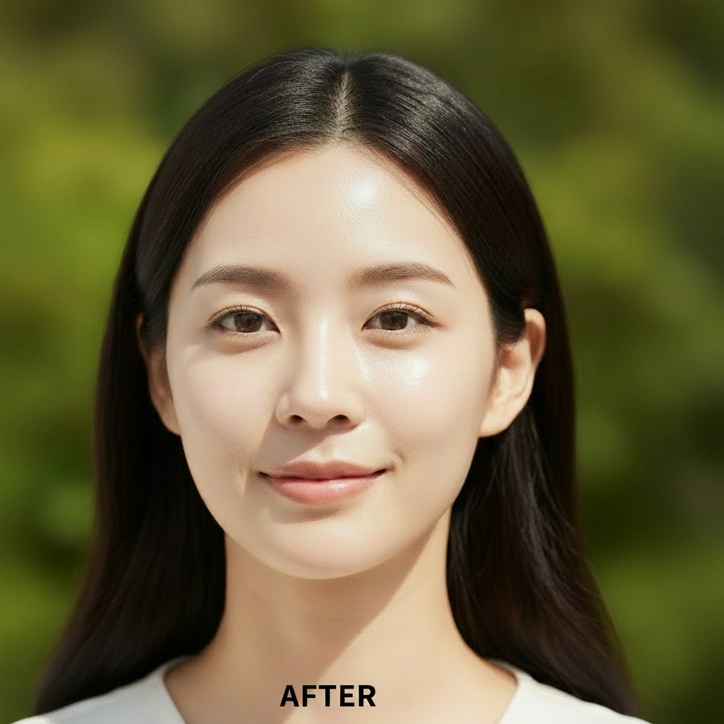 LANEIGE Radian-C Sun Cream SPF50+ PA++++ 50ml – Korean model AFTER with luminous clear glowing skin after LANEIGE Radian-C Vitamin C sun cream SPF50+ application
