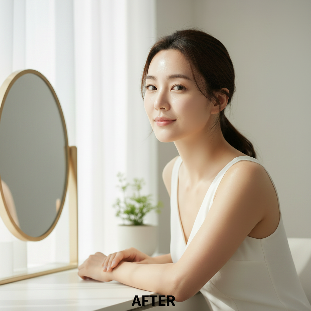 LANEIGE Radian-C Sun Cream SPF50+ PA++++ 50ml – Korean model AFTER with dewy plump luminous skin after LANEIGE Radian-C Vitamin C brightening sun cream routine
