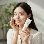 LANEIGE Radian-C Sun Cream SPF50+ PA++++ 50ml – Korean model applying Radian-C Vitamin C sun cream for SPF50+ broad-spectrum UV protection and skin brightening

