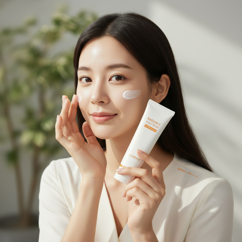 LANEIGE Radian-C Sun Cream SPF50+ PA++++ 50ml – Korean model applying Radian-C Vitamin C sun cream for SPF50+ broad-spectrum UV protection and skin brightening
