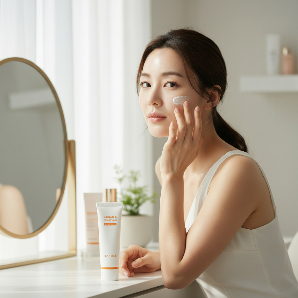 LANEIGE Radian-C Sun Cream SPF50+ PA++++ 50ml – Korean model blending Radian-C sun cream at vanity for hydrating SPF50+ Vitamin C brightening daily sun protection
