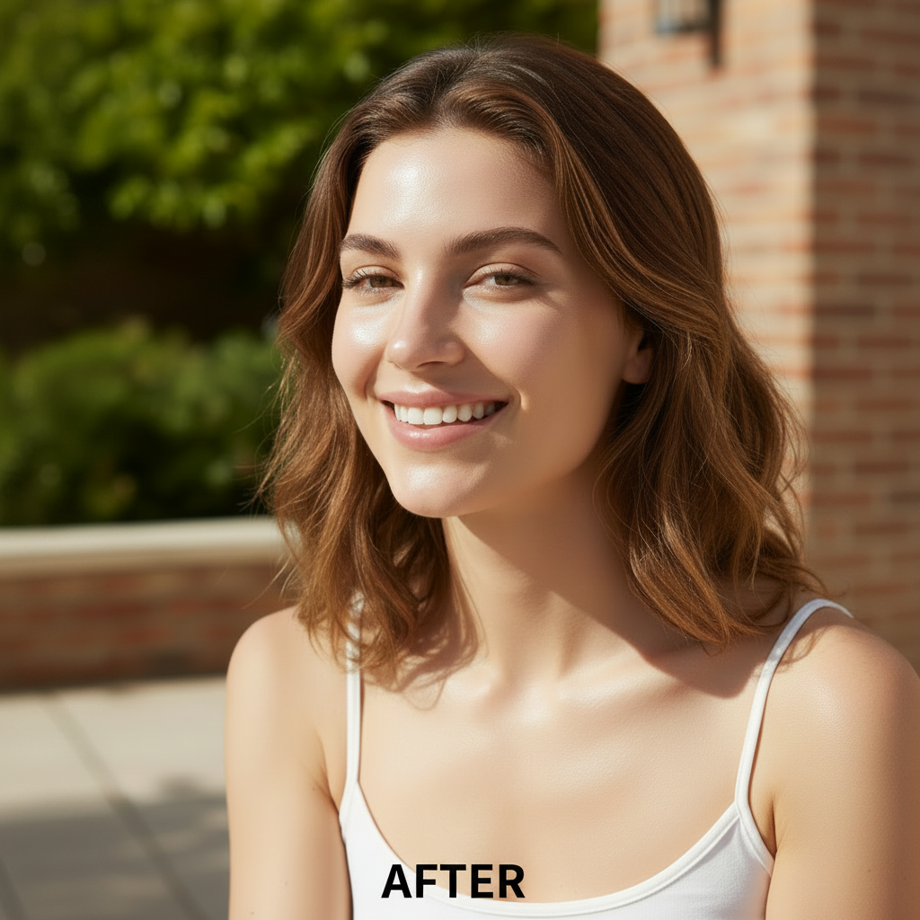 LANEIGE Radian-C Sun Cream SPF50+ PA++++ 50ml – Western model AFTER with glowing radiant even skin tone after Radian-C Vitamin C sun cream SPF50+ routine
