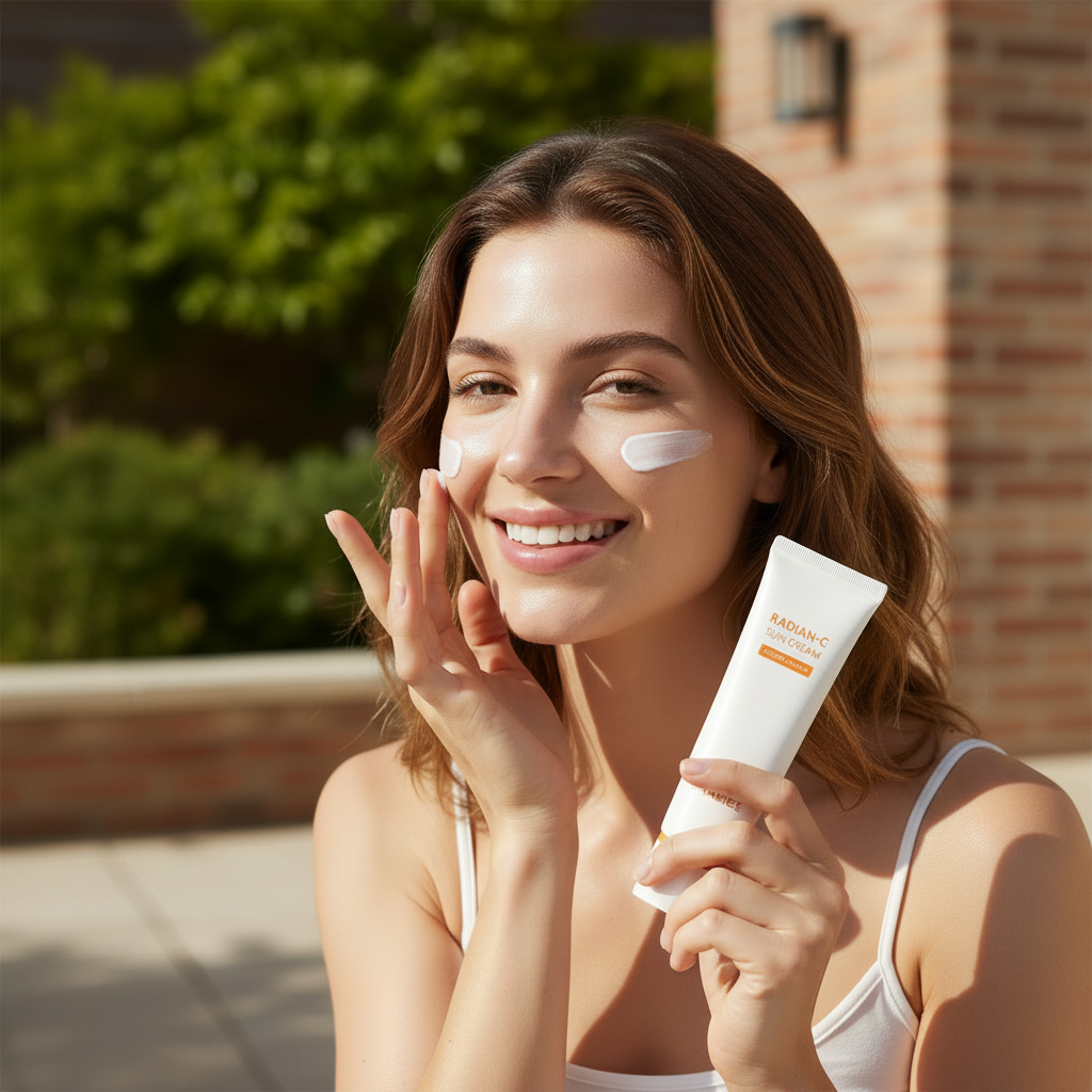 LANEIGE Radian-C Sun Cream SPF50+ PA++++ 50ml – Western model applying Vitamin C sun cream outdoors for SPF50+ UV protection and radiant brightening glow
