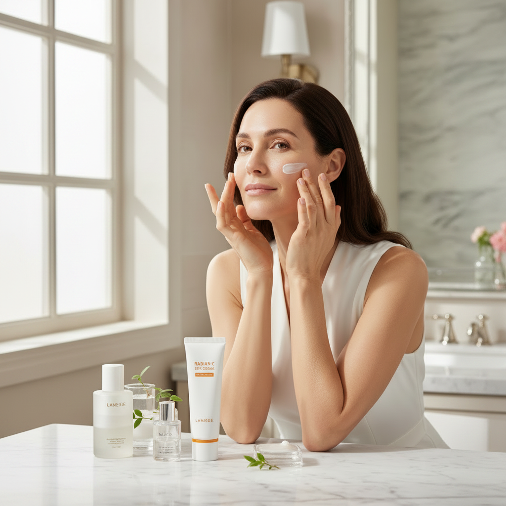 LANEIGE Radian-C Sun Cream SPF50+ PA++++ 50ml – Western model blending Radian-C Vitamin C sun cream at marble vanity for SPF50+ PA++++ brightening sun protection

