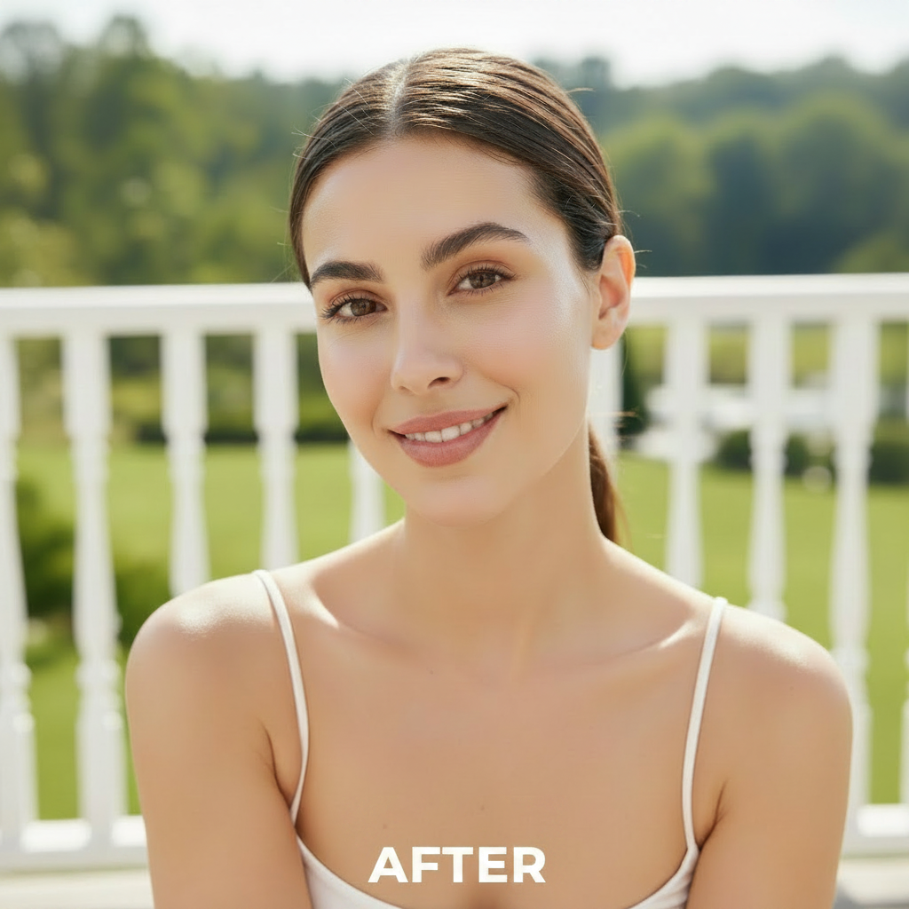 LANEIGE Water Bank Blue Tone-up Sunscreen 50ml – Western model AFTER with radiant glowing even skin tone after Water Bank blue tone-up sunscreen outdoor routine
