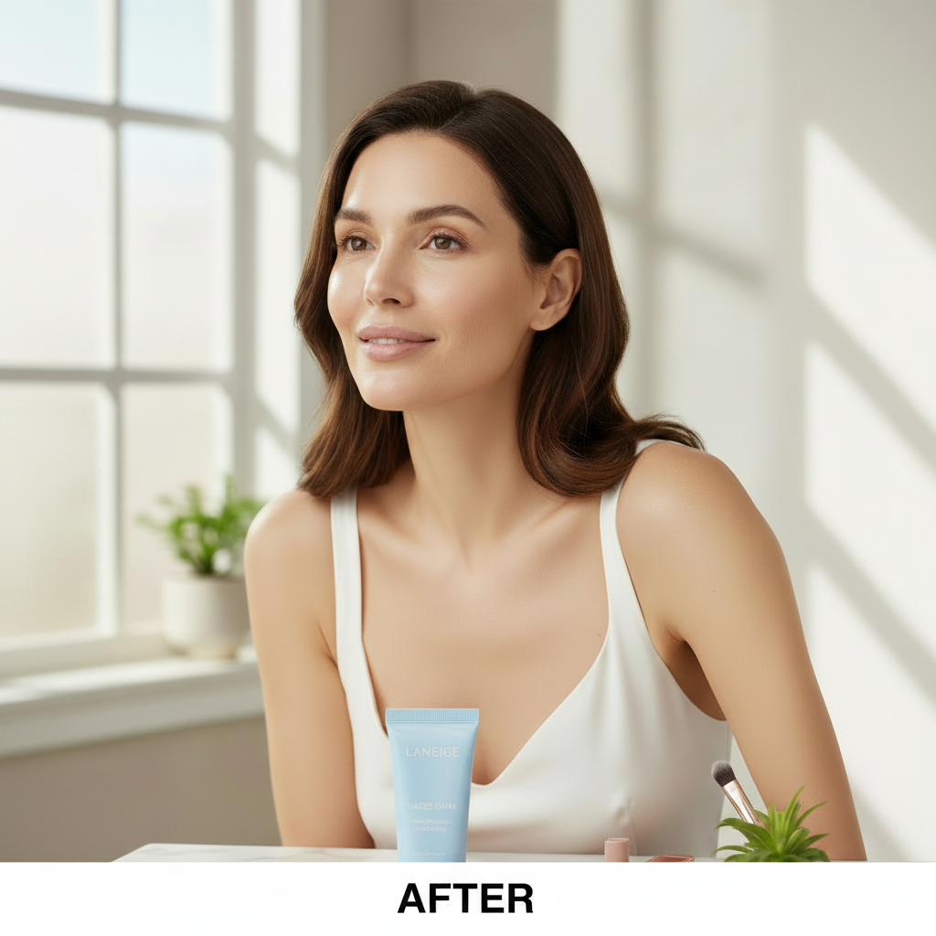 LANEIGE Water Bank Blue Tone-up Sunscreen 50ml – Western model AFTER with luminous smooth complexion after LANEIGE Water Bank blue tone-up sunscreen routine
