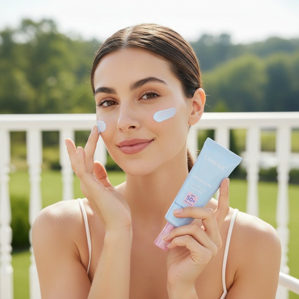 LANEIGE Water Bank Blue Tone-up Sunscreen 50ml – Western model applying blue tone-up sunscreen on terrace for broad-spectrum SPF50+ PA++++ UV protection
