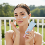LANEIGE Water Bank Blue Tone-up Sunscreen 50ml – Western model applying blue tone-up sunscreen on terrace for broad-spectrum SPF50+ PA++++ UV protection
