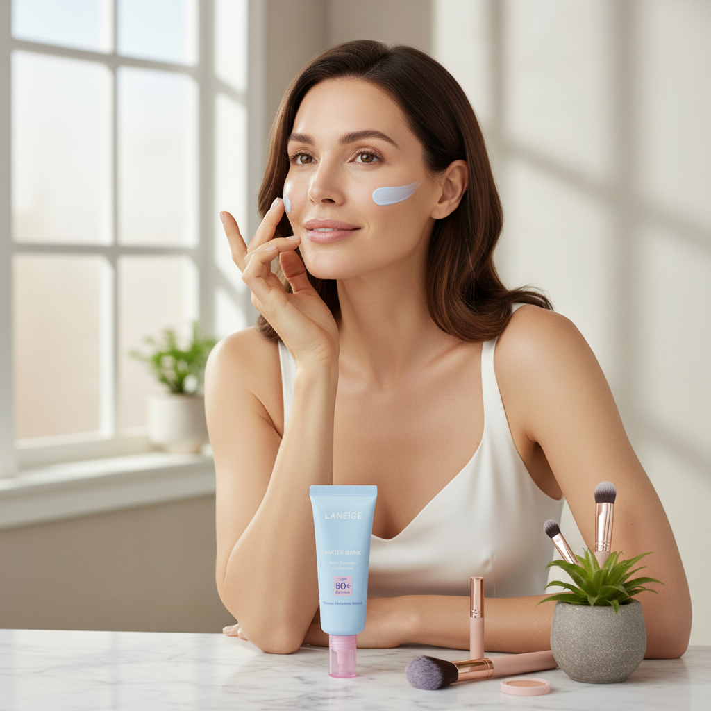 LANEIGE Water Bank Blue Tone-up Sunscreen 50ml – Western model at vanity with blue tone-up sunscreen for hydrating SPF50+ daily sun protection and skin glow
