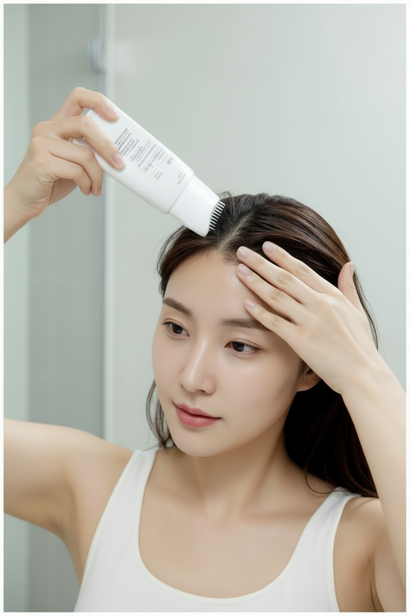 Lilyeve Scalp Essence Shampoo comb-tip applicator nozzle applying product onto scalp parting close-up shot
