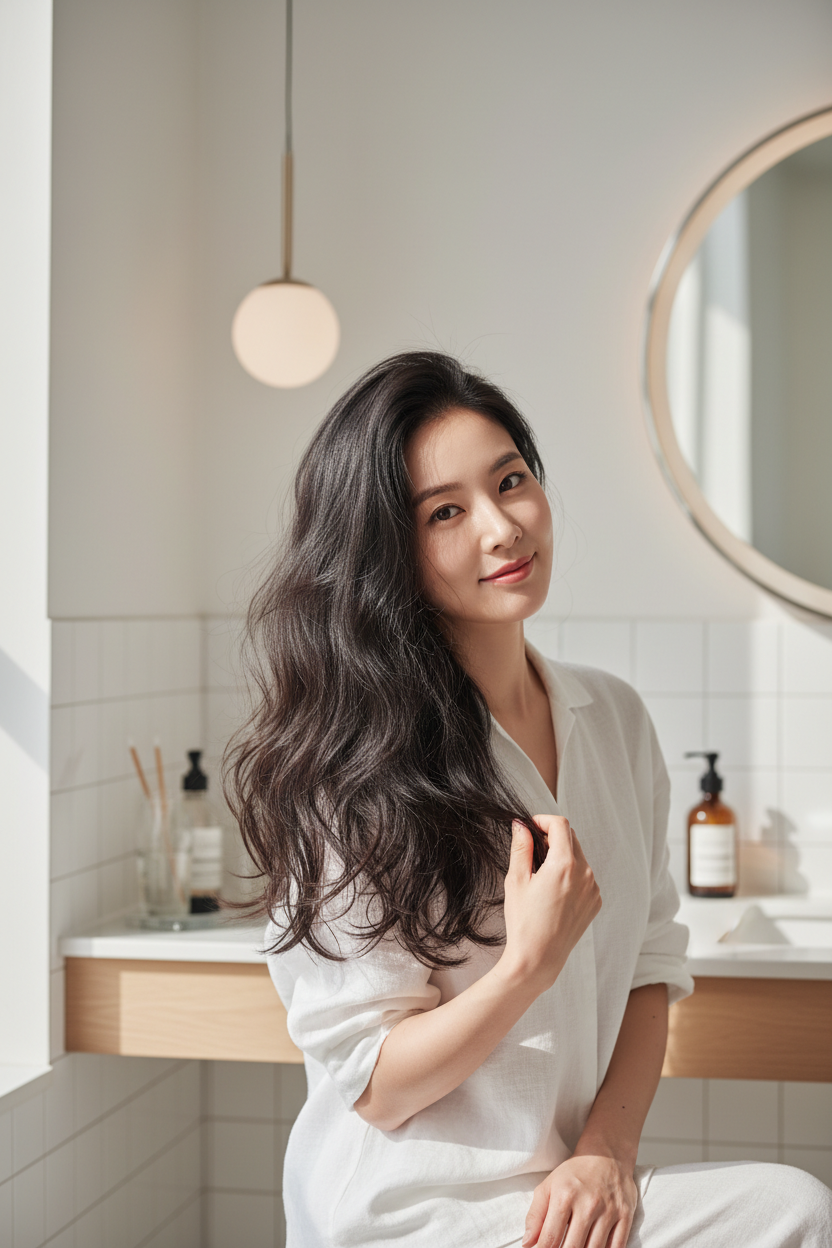 Korean woman with voluminous bouncy shiny hair after using Lilyeve Scalp Essence Shampoo lifestyle shot
