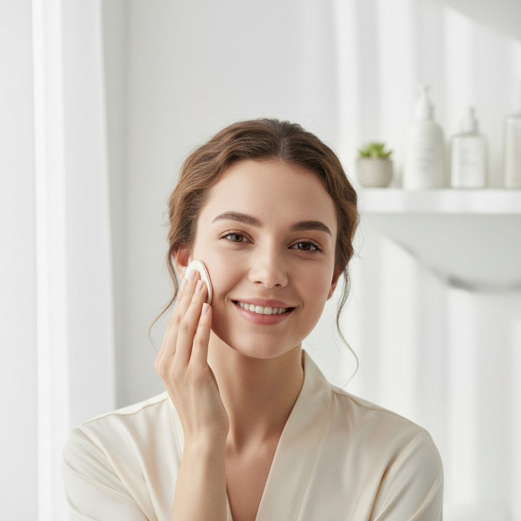 Medicube Zero Pore Pad Mild – western woman serene expression applying toner pad in bright bathroom
