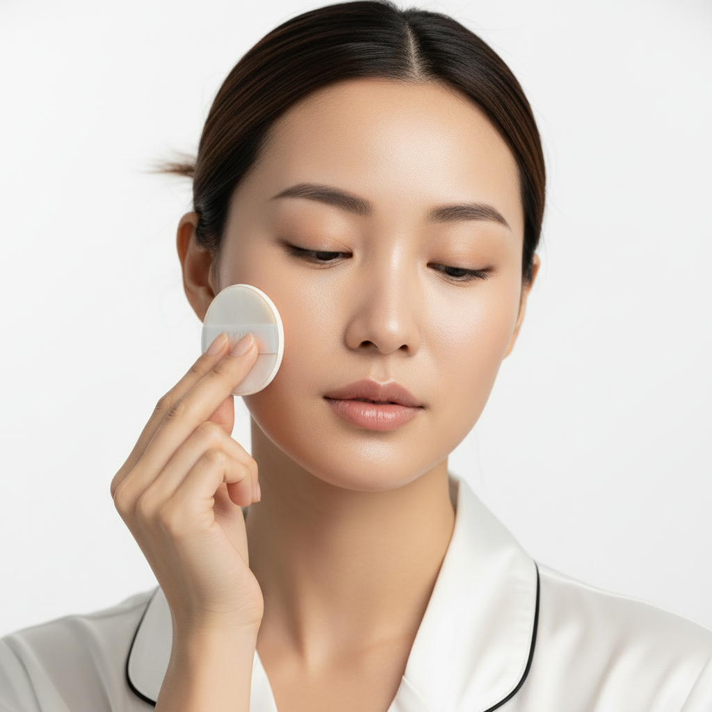 Medicube Zero Pore Pad Mild – Asian woman eyes closed gently applying cotton toner pad to cheek

