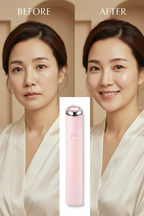 MEDICUBE Mini Booster Pro Before After – Korean model showing lifted glowing skin transformation with pink EMS beauty device
