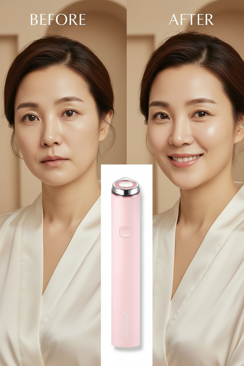 MEDICUBE Mini Booster Pro Before After – Korean model showing lifted glowing skin transformation with pink EMS beauty device
