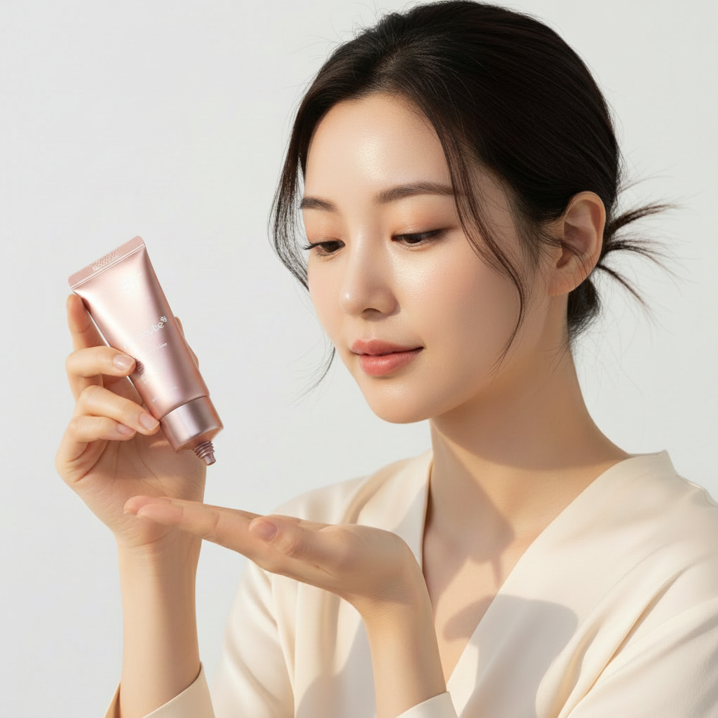 MEDICUBE Collagen Framing Sun Cream 50ml – Korean model BEFORE applying collagen framing sun cream for anti-aging UV protection and skin elasticity boost

