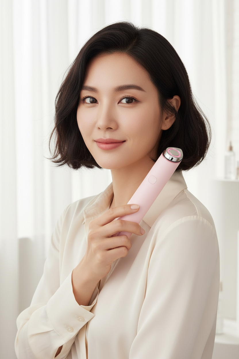 MEDICUBE Mini Booster Pro Pink – Korean model holding pink microcurrent device for skin firming and V-line lifting
