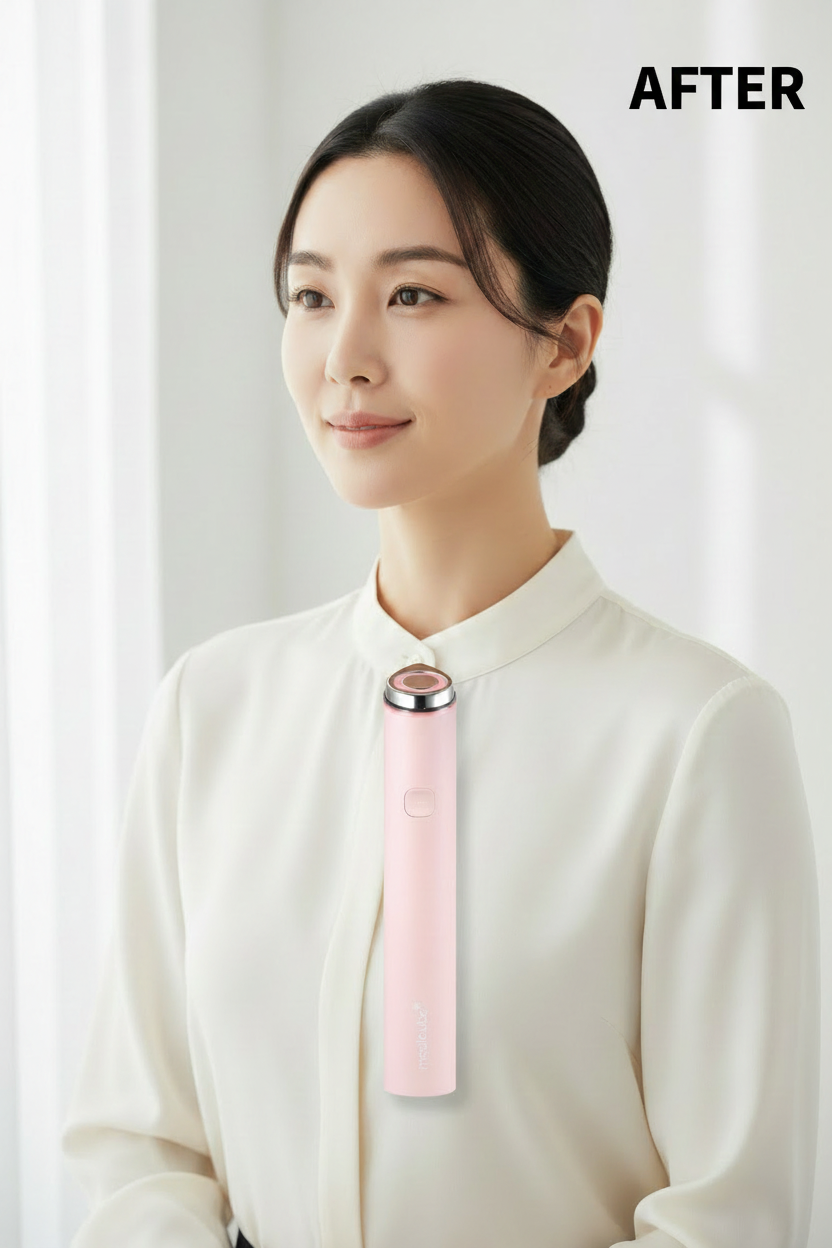 MEDICUBE Mini Booster Pro AFTER – Korean model with glowing lifted skin after EMS microcurrent treatment with pink beauty device
