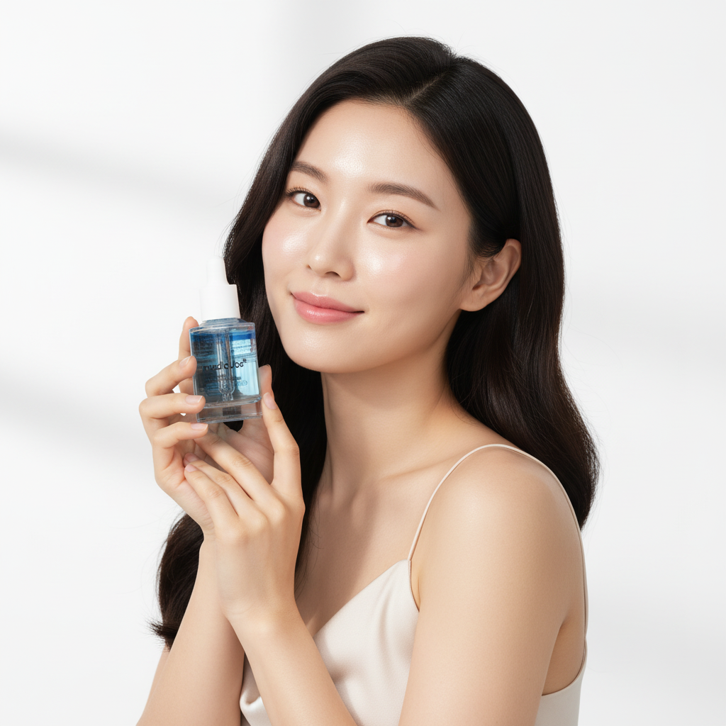 Korean woman with glowing skin holding Medicube Hyaluronic Multi Peptide Serum dropper bottle in soft gray studio light
