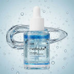 Medicube Hyaluronic Multi Peptide Serum 30ml clear blue dropper bottle with serum texture swirl on light blue water droplet background
