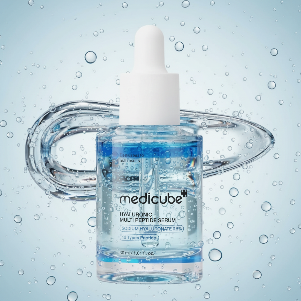 Medicube Hyaluronic Multi Peptide Serum 30ml clear blue dropper bottle with serum texture swirl on light blue water droplet background
