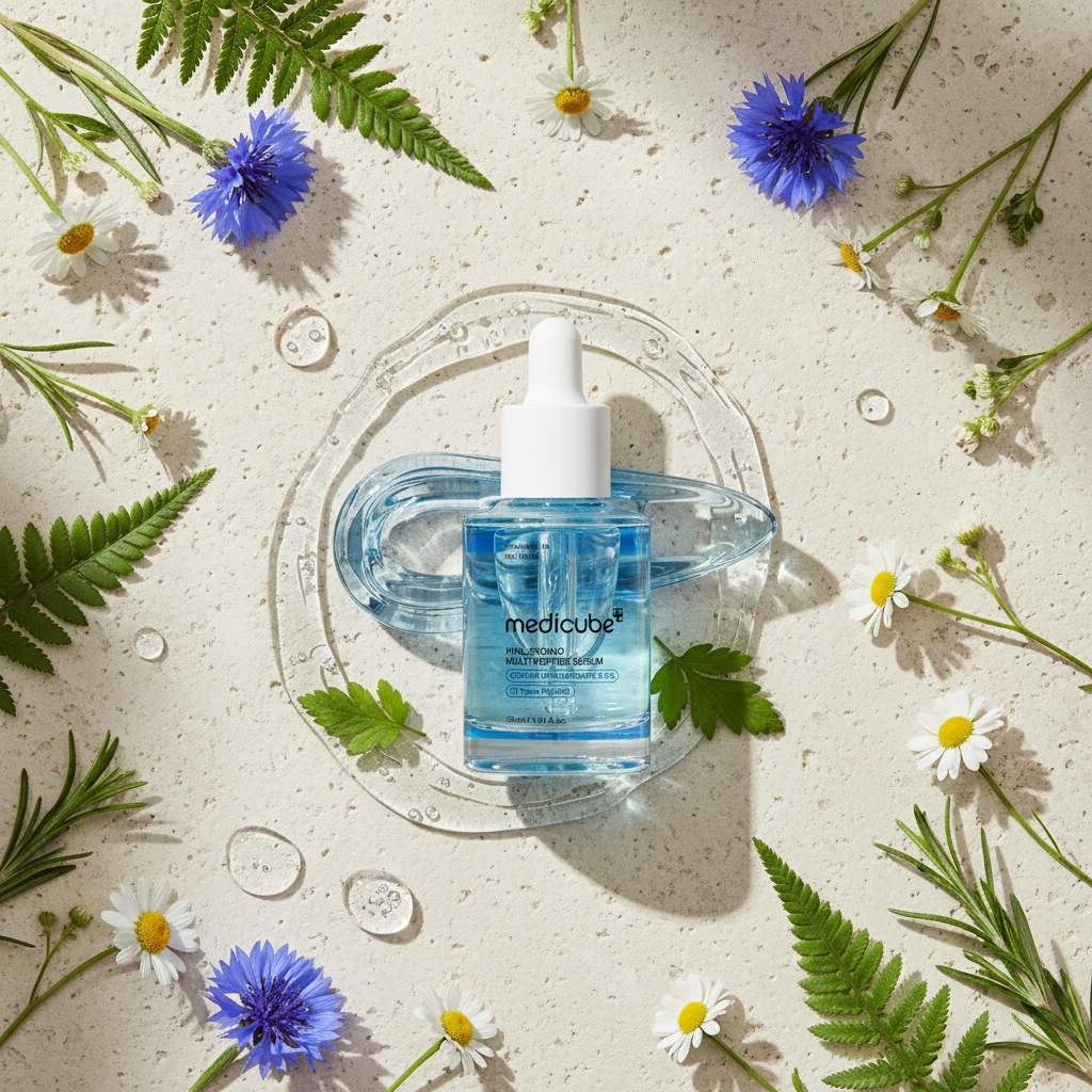 Medicube Hyaluronic Multi Peptide Serum 30ml dropper bottle surrounded by wildflowers chamomile and cornflowers on beige surface with water ripple
