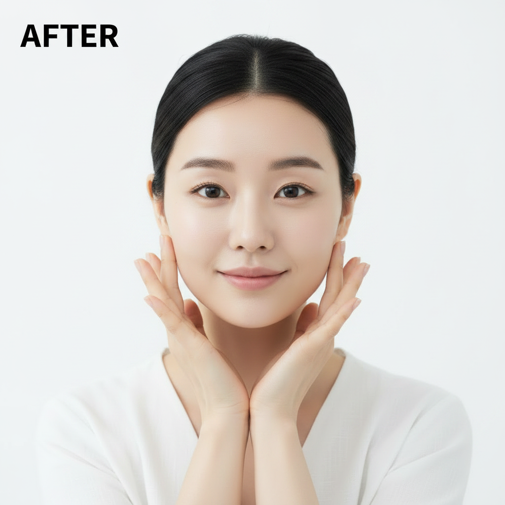 Korean model after using Medicube Hyaluronic Multi Peptide Serum showing glowing hydrated plump skin frontal face shot
