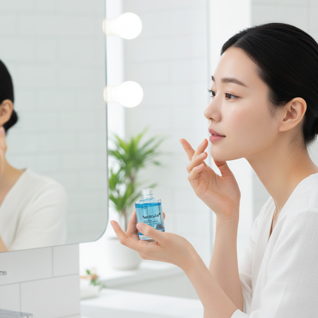 Korean woman in white top applying Medicube Hyaluronic Multi Peptide Serum drops on cheek in bright minimal bathroom morning skincare routine

