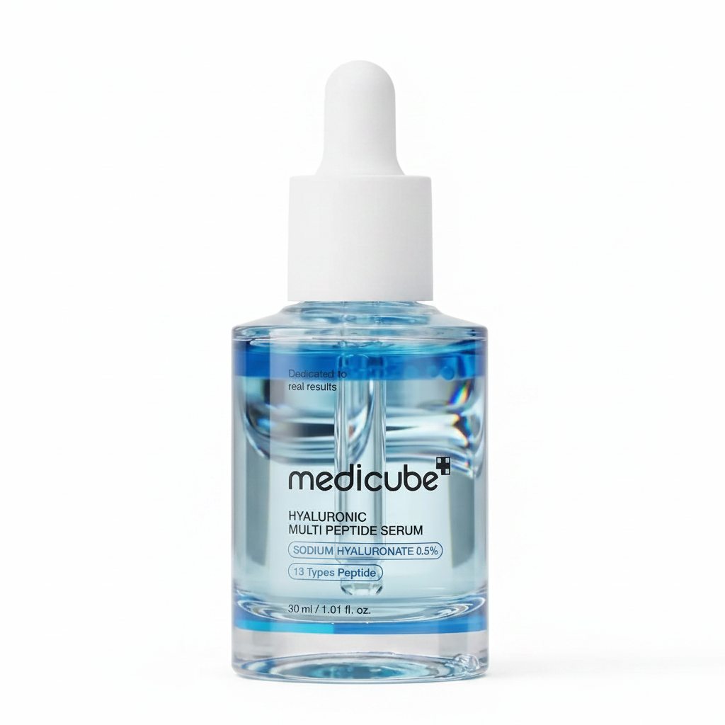 Medicube Hyaluronic Multi Peptide Serum 30ml clear blue dropper bottle on white background
