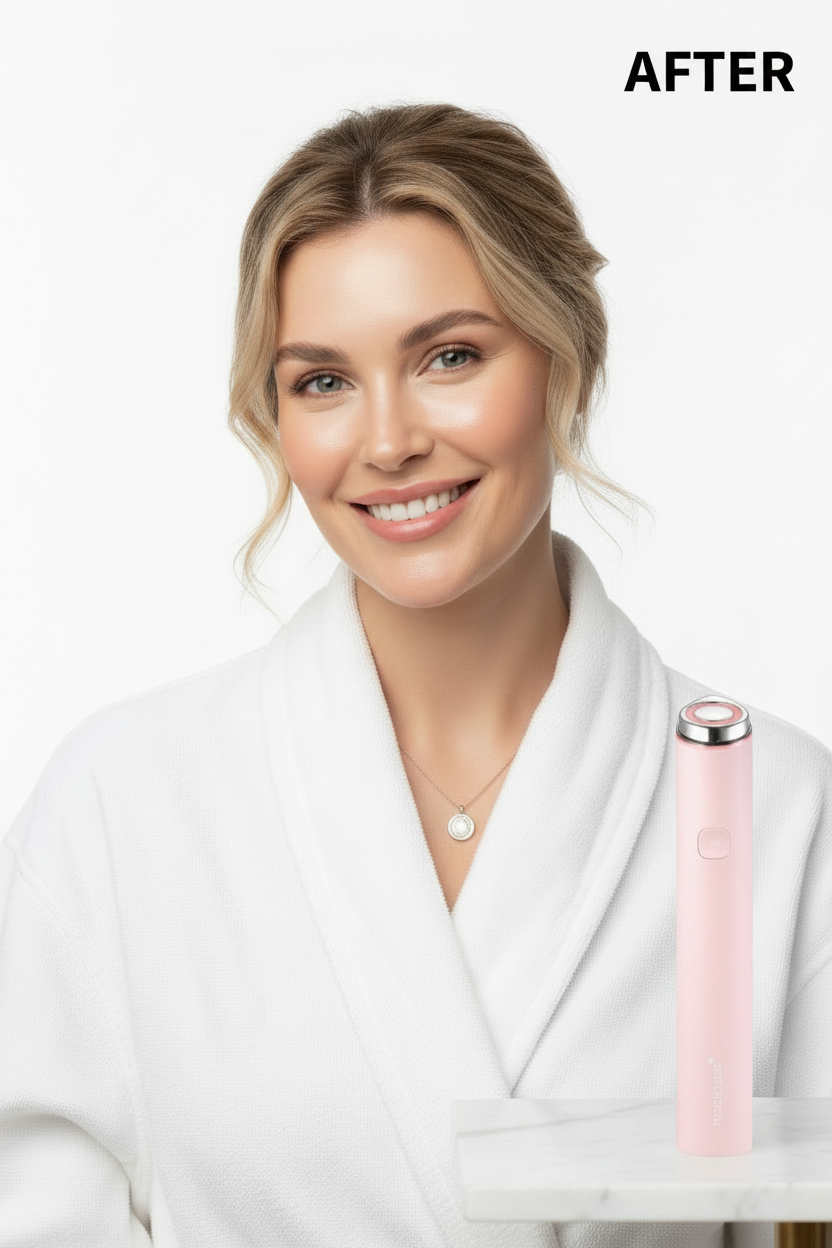 MEDICUBE Mini Booster Pro AFTER – Western model with visibly lifted firmer radiant skin after microcurrent beauty device treatment
