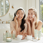 Medicube Zero Pore Pad Mild – Asian and western model smiling applying toner pads in luxury bathroom

