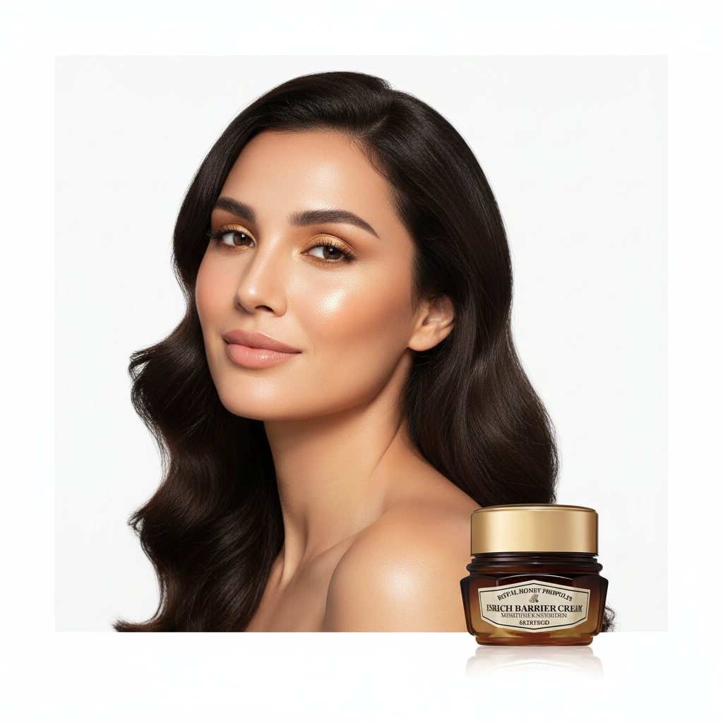Middle Eastern woman with glowing radiant skin after SKINFOOD Royal Honey Propolis Cream
