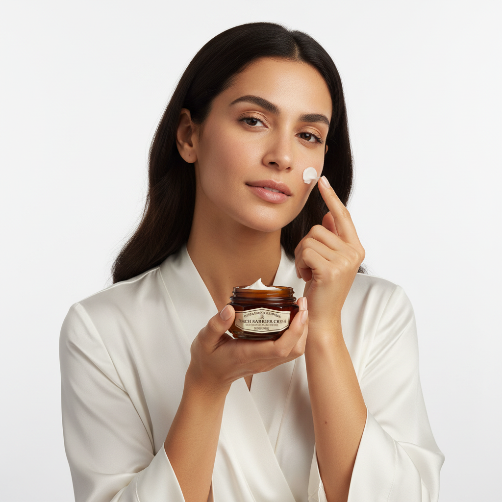 Middle Eastern woman applying SKINFOOD Royal Honey Propolis Barrier Cream to skin
