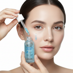 Caucasian woman holding SKINFOOD Blue Chamomile Hyaluronic Ampoule dropper with a single drop falling onto her skin
