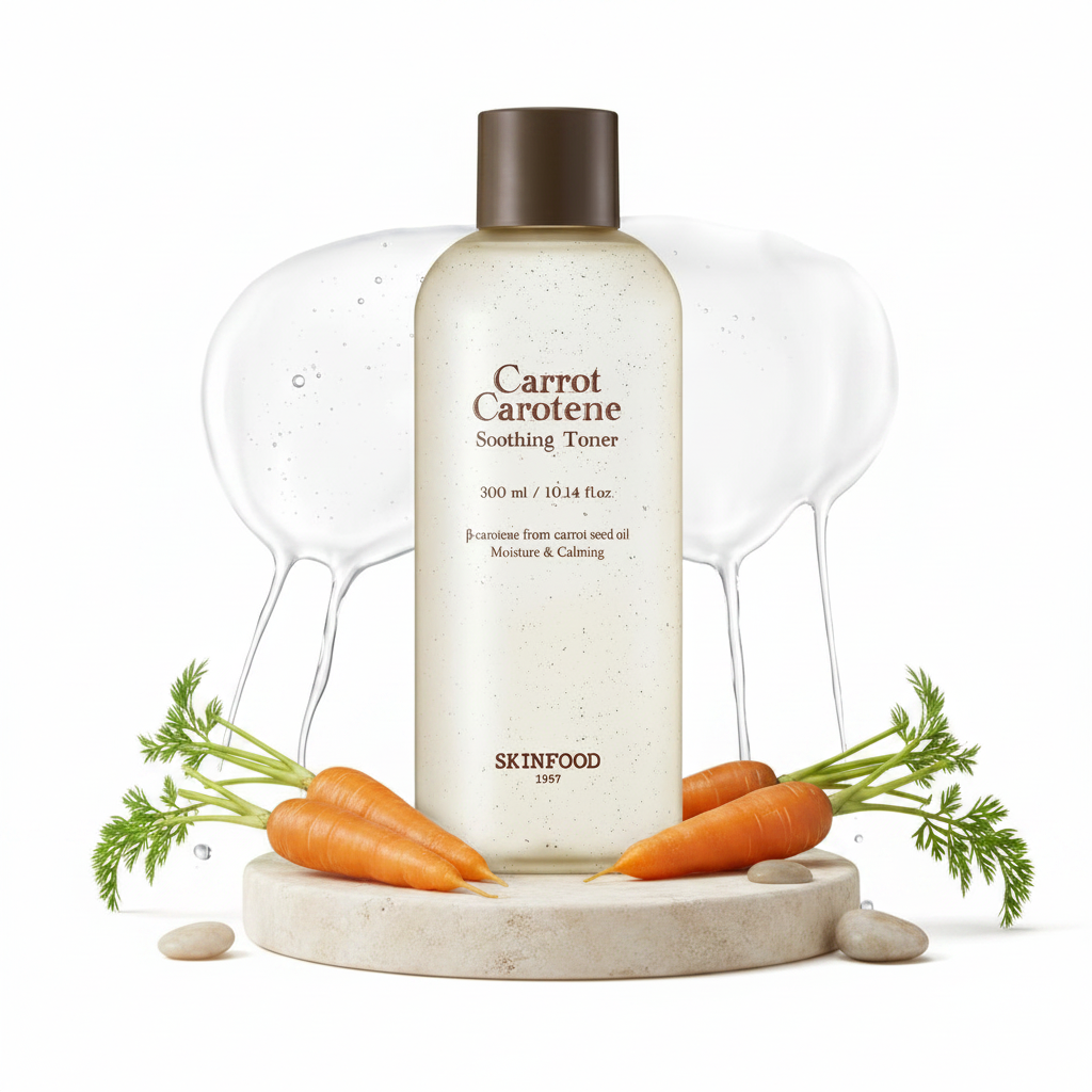 SKINFOOD Carrot Carotene Soothing Toner 300ml product shot with water splash effect on clean background
