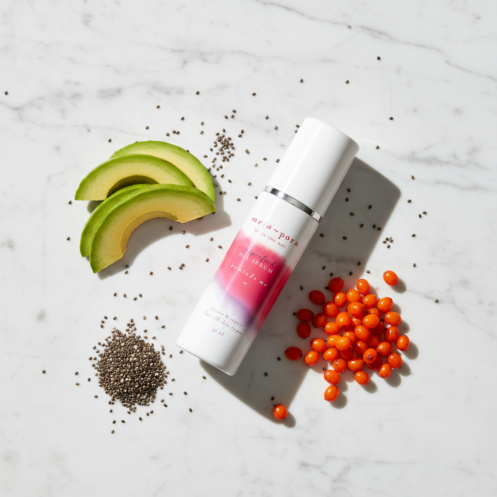 Superfood Oil Serum flat lay with natural ingredients including chia seeds, avocado and seabuckthorn on marble surface
