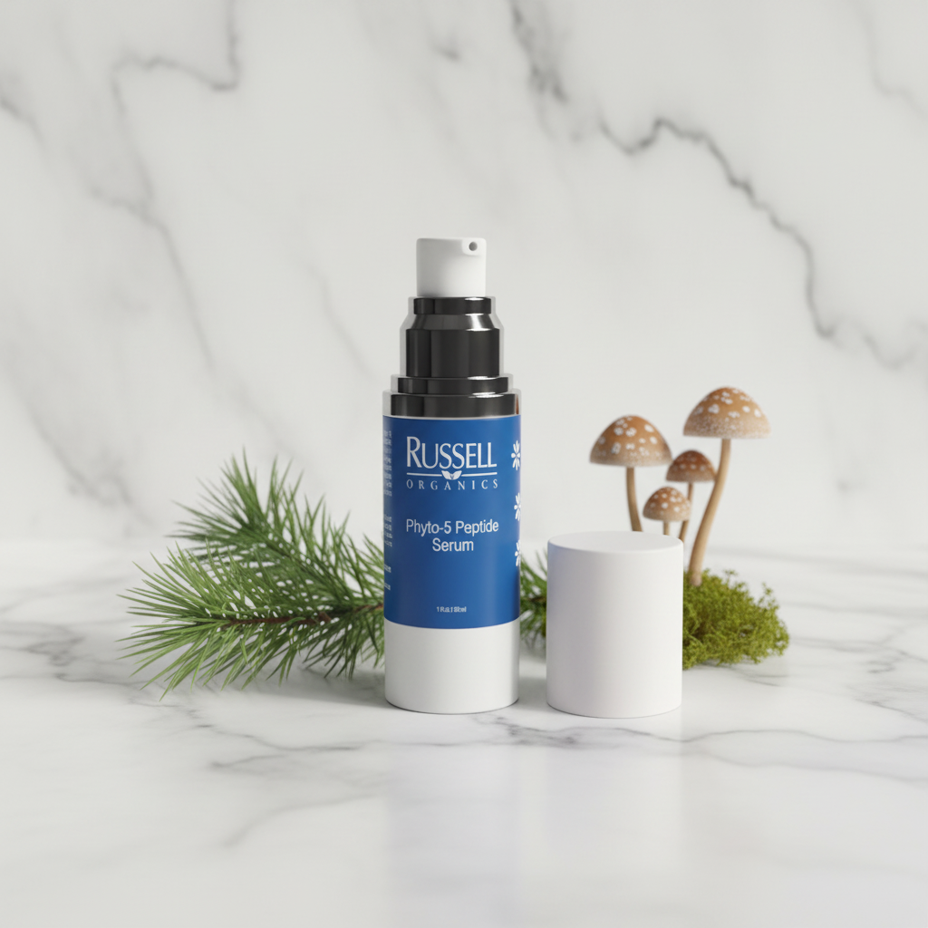 Russell Organics Phyto-5 Peptide Serum bottle on marble surface with pine branch and mushroom, luxury vegan skincare — Glow Ritual
