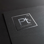 Pt Cosmetics brand logo, silver metallic periodic table element style embossed on dark black background, luxury premium cosmetics branding identity
