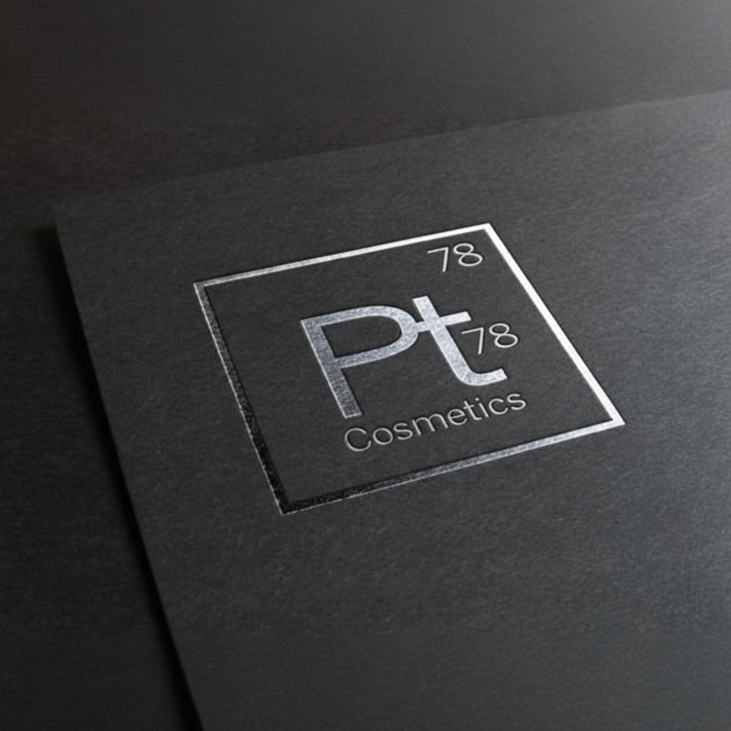 Pt Cosmetics brand logo, silver metallic periodic table element style embossed on dark black background, luxury premium cosmetics branding identity
