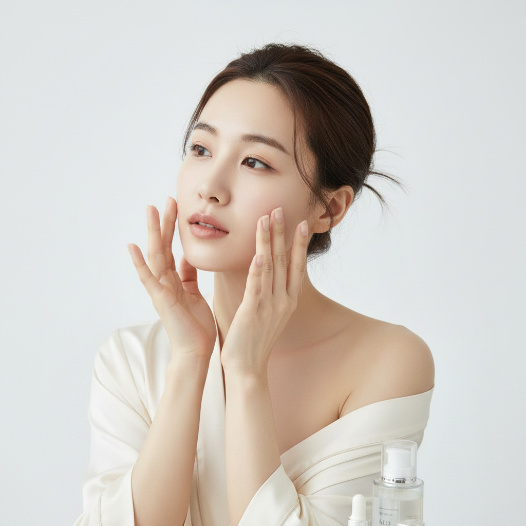 Round Lab Camellia Deep Collagen V-Lifting Gel Mask – Korean model applying skincare with cream robe and products
