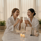 Round Lab Camellia Deep Collagen V-Lifting Gel Mask – two Asian women in spa robes laughing holding mask boxes
