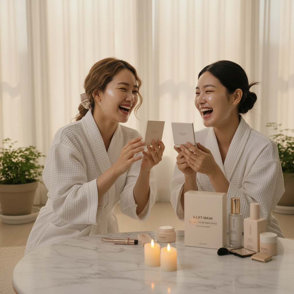 Round Lab Camellia Deep Collagen V-Lifting Gel Mask – two Asian women in spa robes laughing holding mask boxes
