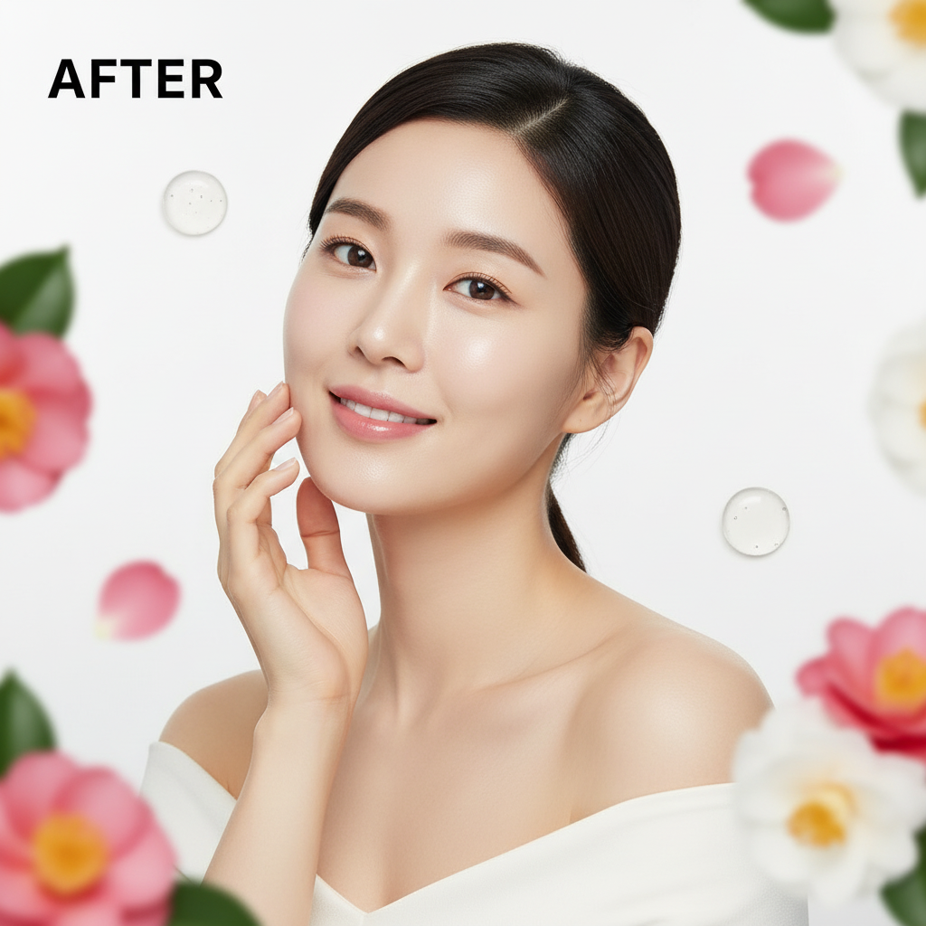 Round Lab Camellia Deep Collagen V-Lifting Gel Mask – AFTER glowing lifted skin result
